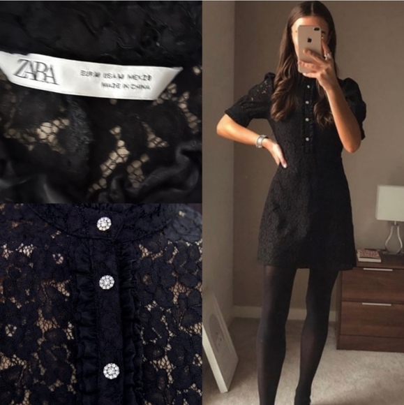 Zara Dresses & Skirts - Zara Black Lace dress rhinestone buttons Small Blogger Fav Small